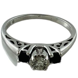 14K White Gold 3 Stone Natural Diamond Lab Created Sapphires Ring #15619